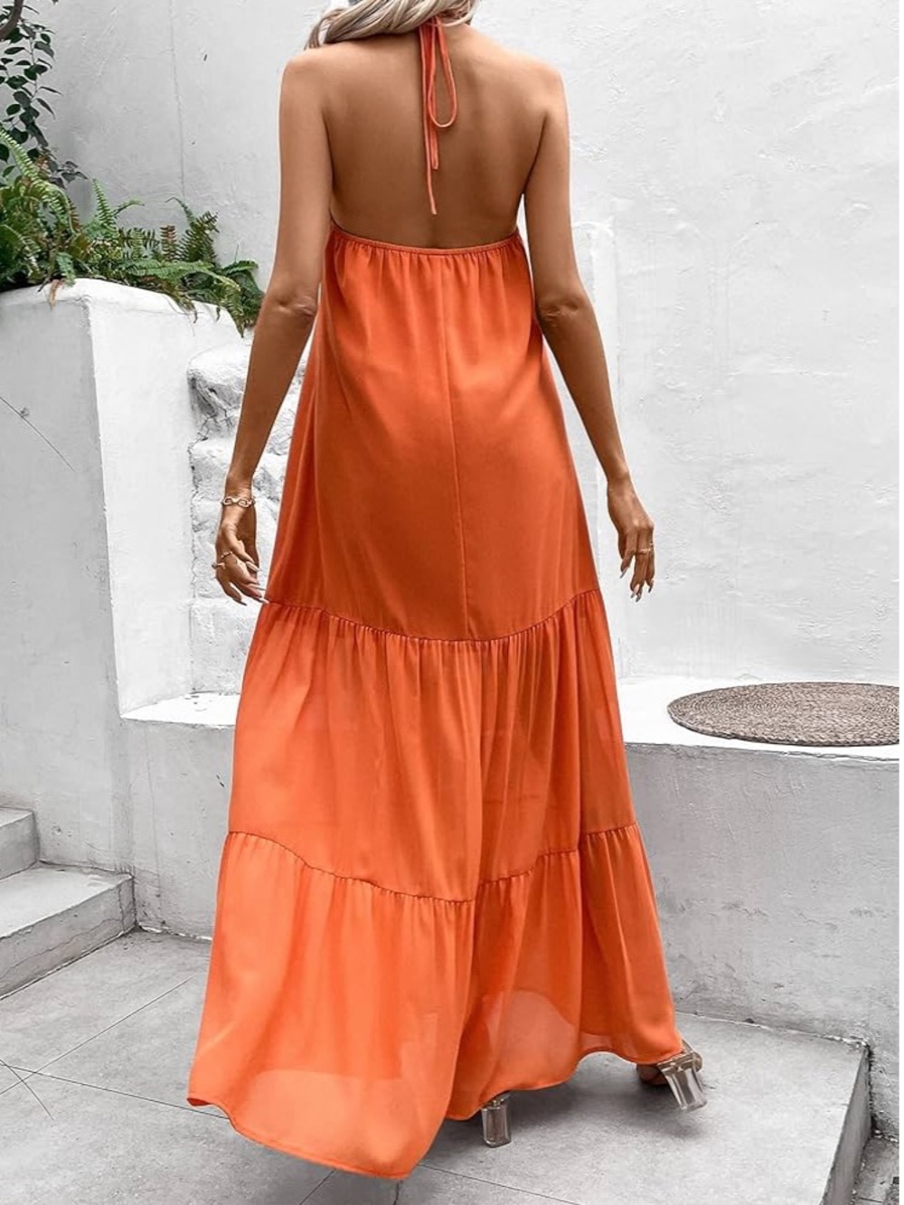 Backless Halter Tiered Maxi Dress in Orange size M
